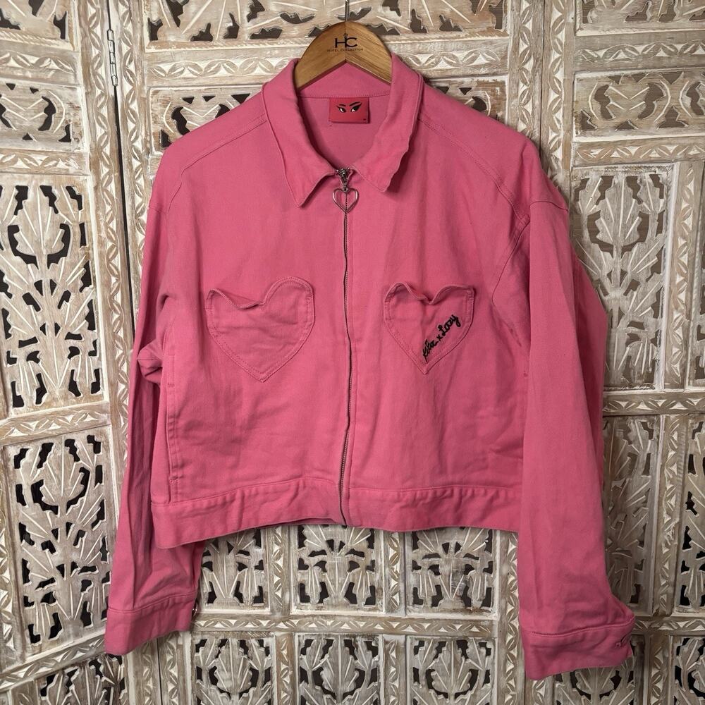 Lazy Oaf X Kita Hot Pink Heart Cropped Full Zip Pinup Girl Workwear Jacket MED